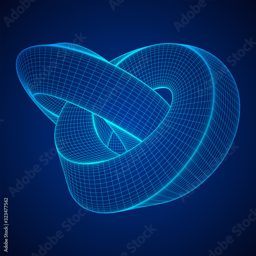 Mobius strip ring knot sacred geometry. Spatial figure with upturned surfaces. Optical illusion with dual circular contour. Wireframe low poly mesh vector illustration.