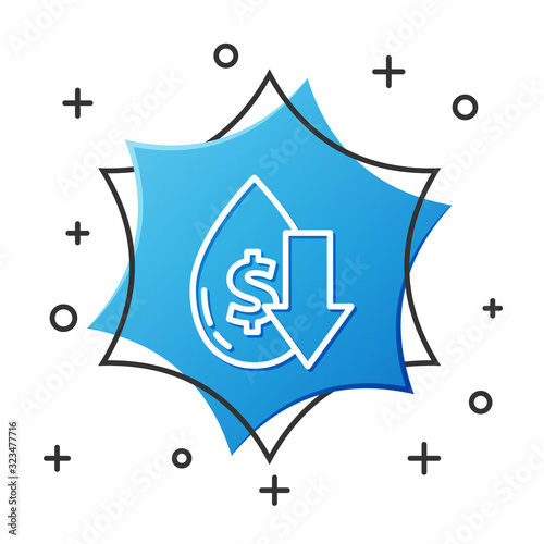 White line Drop in crude oil price icon isolated on white background. Oil industry crisis concept. Blue hexagon button. Vector Illustration