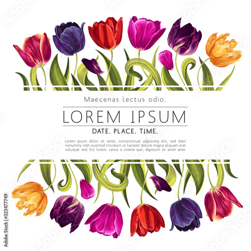 Vector template with beautiful floral frame with multi-colored tulips flowers and leaves isolated on white background. Illustration for wedding, birthday, party, banner, poster, card, invitation.