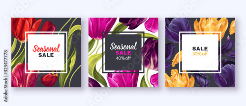 Set of sale banner with spring flowers. Can be used as greeting, invitation card, cover, party advertisement. Square card templates with tulip flowers, leaves and petals. Realistic style, high detalie