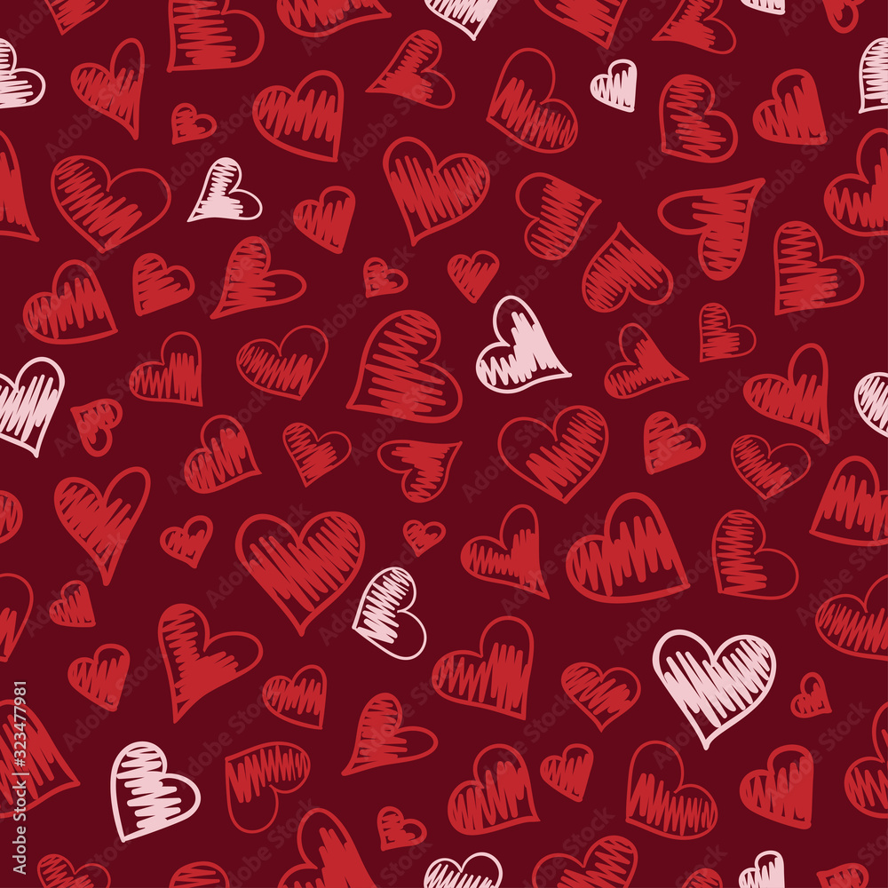 Doodle red and white hearts on maroon background. Seamless vector cute hand drawn pattern for Valentine's day. Suitable for packaging, textile. Doodle red and white hearts on maroon background. Seamless vector cute hand drawn pattern for Valentine's day. Suitable for packaging, textile.
