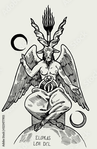 Baphomet demon. Satan goat. Occult symbol from the tarot cards realistic vintage vector illustration.