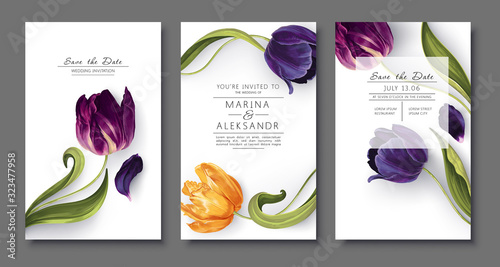 Spring, trendy, greeting or invitation card, template design with tulips flowers, leaves and petals in realistic style with high details. Hand drawn, vector set of poster, flyer brochure, cover, party #323477958