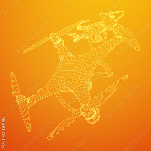 Remote control air drone. Dron flying with action video camera. Wireframe low poly mesh vector illustration