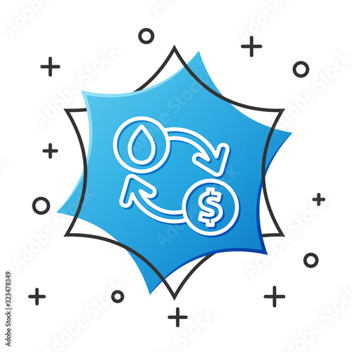 White line Oil exchange, water transfer, convert icon isolated on white background. Blue hexagon button. Vector Illustration