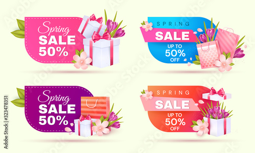 Set of spring sale banners. Crocuses, apple blossoms, gift box and gift bags on a blue, pink, purple and orange background.
