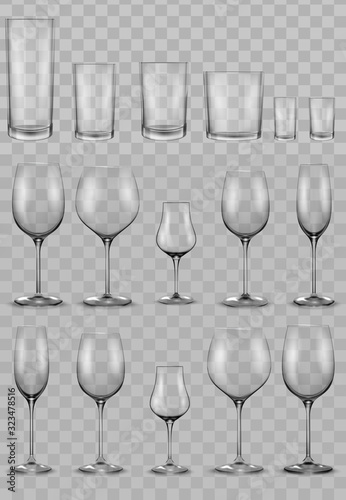 Set of empty glass glasses and wine glasses
