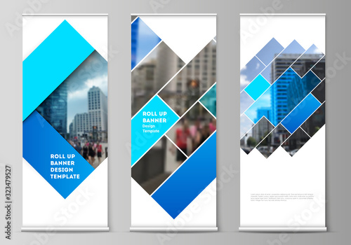 The vector illustration of the editable layout of roll up banner stands, vertical flyers, flags design business templates. Abstract geometric pattern creative modern blue background with rectangles.