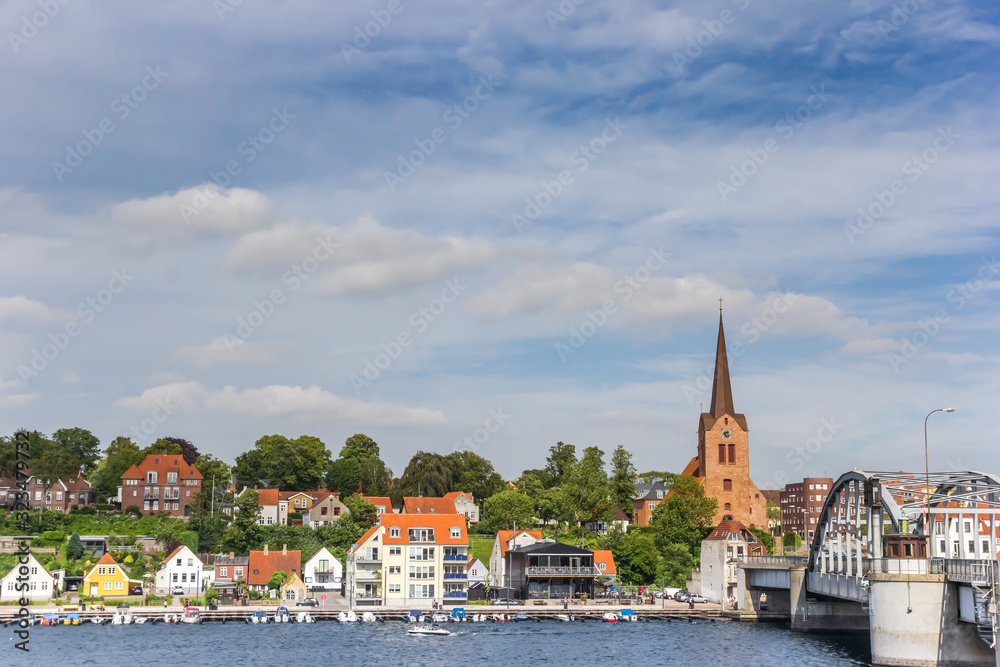 Bridge, church tower and houses at the quay of Sonderborg, Denmark