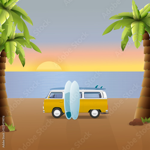 Summer colorful illustration. Camper van, wagon, truck. Summer surf, surfing vacation. Travel van on beautiful ocean landscape background with palm trees. © AlexaSokol83