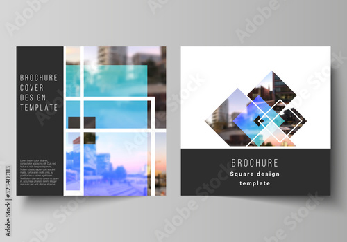 The minimal vector illustration of editable layout of two square format covers design templates for brochure  flyer  magazine. Creative trendy style mockups  blue color trendy design backgrounds.