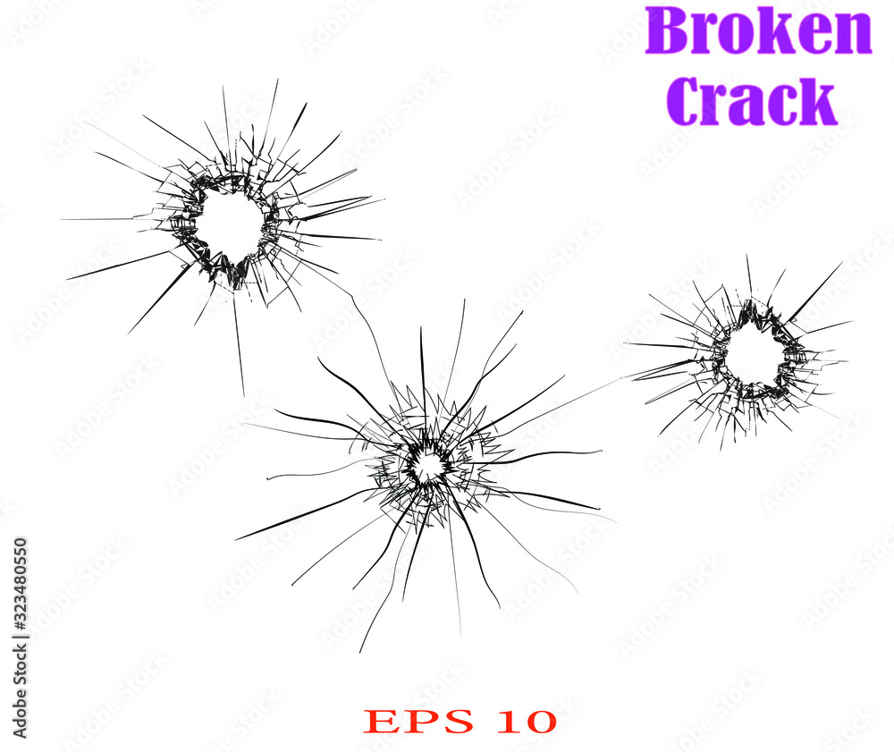 Set of broken glass, cracks, bullet marks on glass. High resolution. You can easy change colors or sizes.