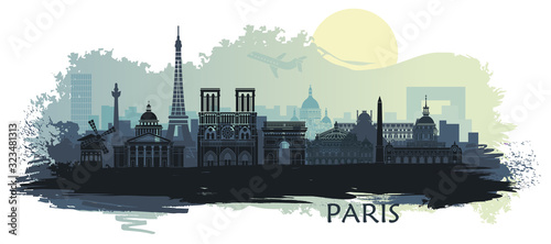 Stylized landscape of Paris with Eiffel tower, arc de Triomphe and Notre Dame...