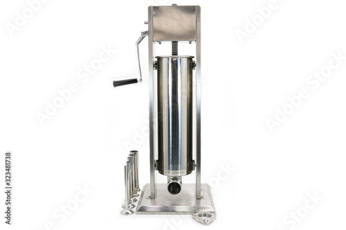 Professional making sausage filler stainless steel. Professional Kitchen equipment on white background