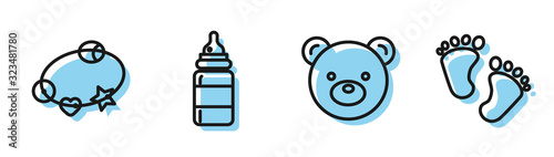 Set line Teddy bear plush toy, Rattle baby toy, Baby bottle and Baby footprints icon. Vector