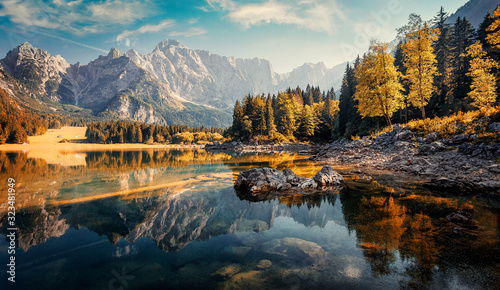 Fototapeta Naklejka Na Ścianę i Meble -  Awesome sunny landscape in the forest. Wonderful Autumn scenery. Picturesque view of nature wild lake. Sun rays through colorful trees. Incredible view on Fusine lakeside. Amazing natural Background