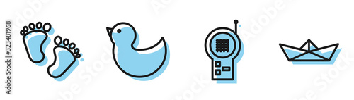 Set line Baby Monitor Walkie Talkie, Baby footprints, Rubber duck and Folded paper boat icon. Vector