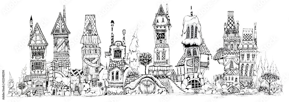Collection of ink drawing  houses for concept art inspiration. Magic village, fairy houses, fantasy medieval architecture. Conceptual art. 