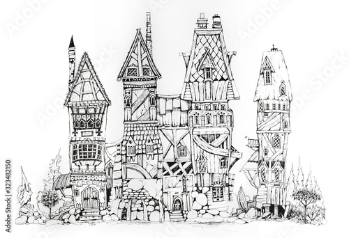 Collection of ink drawing houses for concept art inspiration. Magic village, fairy houses, fantasy medieval architecture. Conceptual art. 