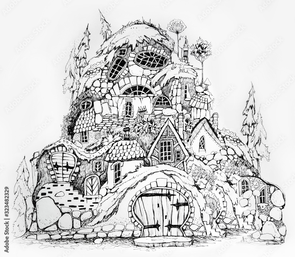 Collection of ink drawing houses for concept art inspiration. Magic village, fairy houses, fantasy medieval architecture. Conceptual art. Collection of ink drawing houses for concept art inspiration. Magic village, fairy houses, fantasy medieval architecture. Conceptual art.