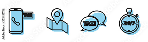 Set line Taxi call telephone service, Taxi call telephone service, Folded map with location marker and Stopwatch 24 hours icon. Vector