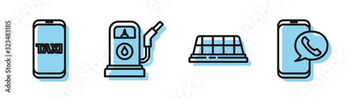 Set line Taxi car roof, Taxi call telephone service, Petrol or Gas station and Taxi call telephone service icon. Vector