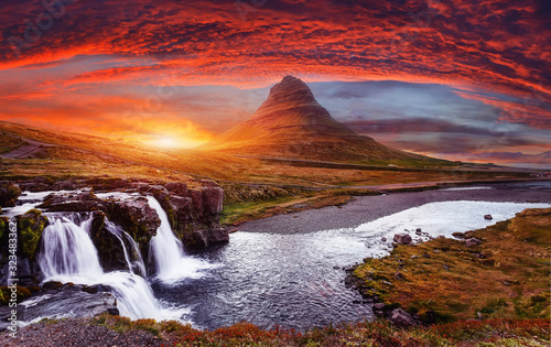 Scenic image of Iceland. Incredible Nature scenery during sunset. Great view on famous Mount Kirkjufell with Colorful, dramatic sky. popular plase for photografers. Best famous travel locations photo