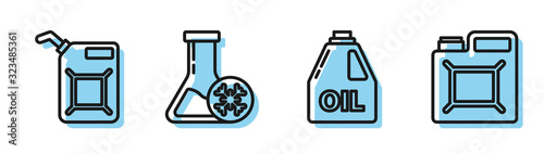 Set line Canister for motor machine oil, Canister for gasoline, Antifreeze test tube and Canister for gasoline icon. Vector