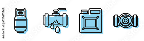 Set line Canister for gasoline, Propane gas tank, Broken metal pipe with leaking water and Industry metallic pipes and valve icon. Vector