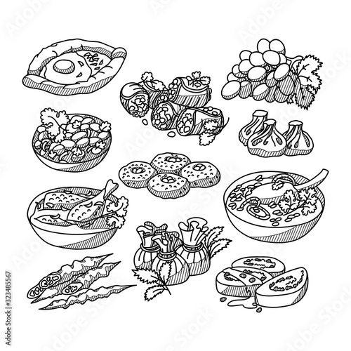 Hand drawn vector illustration of national Georgian dishes. Doodle collection of traditional food isolated on white background.