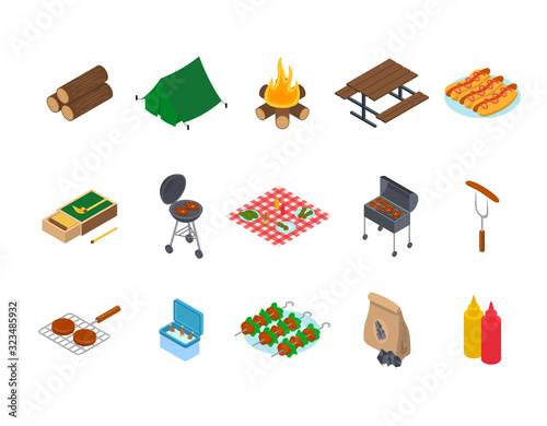 BBQ Sign 3d Icon Set Isometric View. Vector