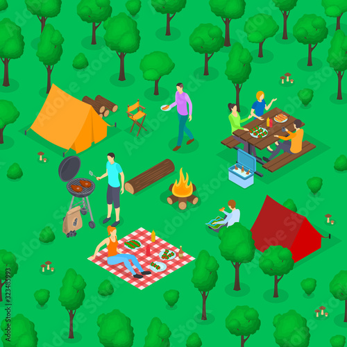 BBQ Picnic Concept 3d Isometric View. Vector