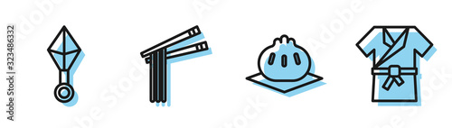 Set line Khinkali on cutting board, Japanese ninja shuriken, Asian noodles and chopsticks and Japanese costume Kimono icon. Vector