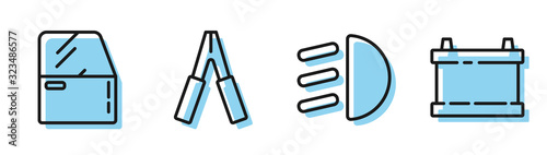 Set line High beam, Car door, Car battery jumper power cable and Car battery icon. Vector