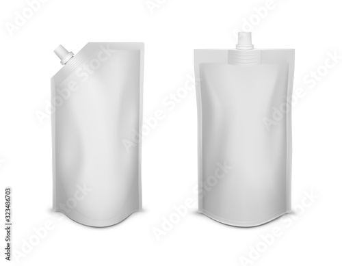 Realistic Detailed 3d White Blank Pouch Sachet Bag Spout Lid Template Mockup Set. Vector