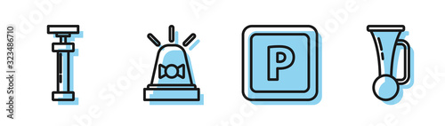 Set line Parking, Car air pump, Flasher siren and Signal horn on vehicle icon. Vector