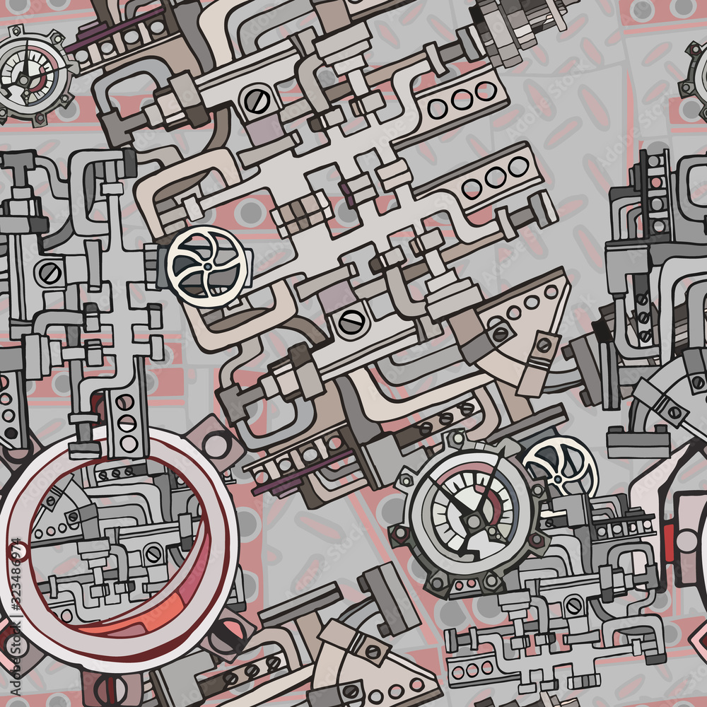 Abstract industrial factory illustration with fictional pipes and machines on rusty metal grating surface. Hand drawn.