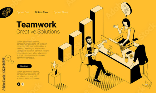 Flat design isometric landing page vector concept for teamwork effective cooperation. Flat design vector template for web banner, web page and mobile app.