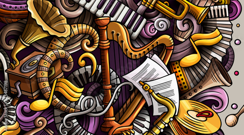 Classic Music hand drawn doodle banner. Cartoon detailed flyer.
