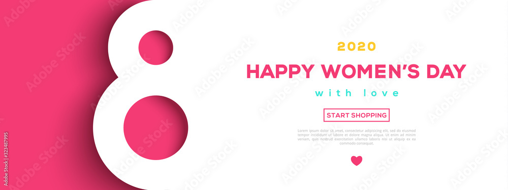 © kotoffei - March 8 symbol in paper cut style with shadow. International Women's day background. Vector illustration. Place for text. Figure eight for greeting card, flyer or brochure template.