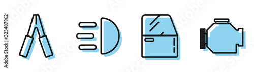 Set line Car door, Car battery jumper power cable, High beam and Check engine icon. Vector