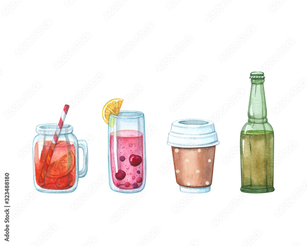 set of juices or cocktails, coffee and beer bottle set of juices or cocktails, coffee and beer bottle