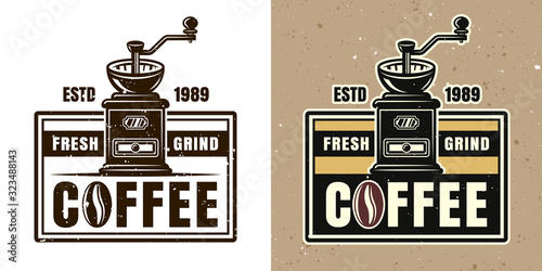 Coffee grinder vector round emblem, badge or logo