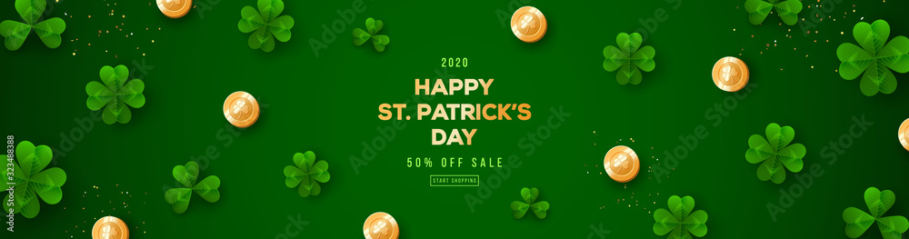 Naklejka Saint Patrick's Day horizontal banner with clover leaves and golden coins on green background. Place for text. Vector illustration.