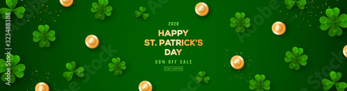 Naklejka Saint Patrick's Day horizontal banner with clover leaves and golden coins on green background. Place for text. Vector illustration.