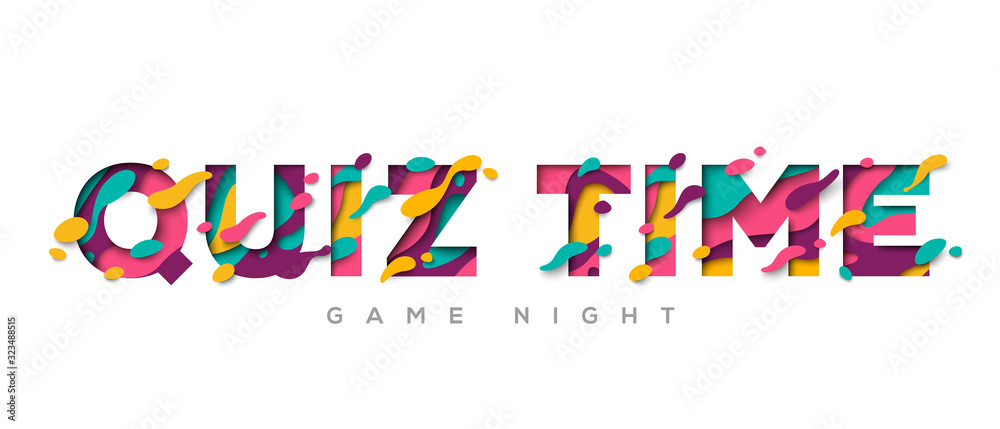 Quiz time typography design with abstract paper cut shapes on white background. Vector illustration. Colorful 3D carving art. Fast questions and answers game