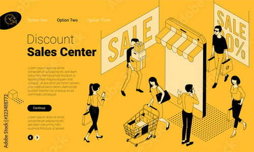 Flat design isometric vector concept for black friday, seasonal summer, autumn, spring, winter sale, mobile and online shopping with happy people, men and women with shopping bags, supermarket cart.