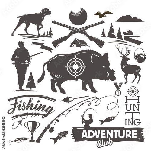 Set of hunting and fishing objects. Vector Vintage Style Design Elements. Deer, wild forest boar, dog, hunting weapon, fishing rod, ducks and other isolated objects on white