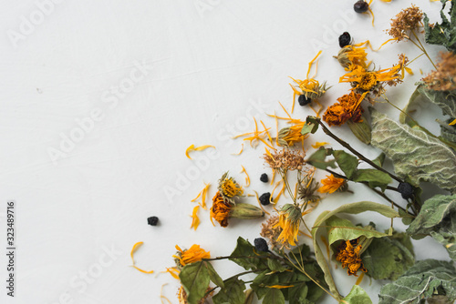 Herbal tea ingredients on a white background. Dried mint, blueberries, linden flowers, marigold, calendula. Scattered herbal tea flat lay style.