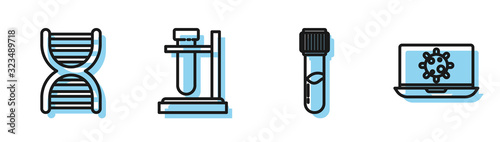 Set line Test tube and flask chemical, DNA symbol, Test tube flask on stand and Bacteria on laptop icon. Vector